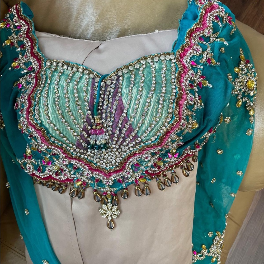 Embellished Teal and Pink Top Lengha - Picture 5 of 13
